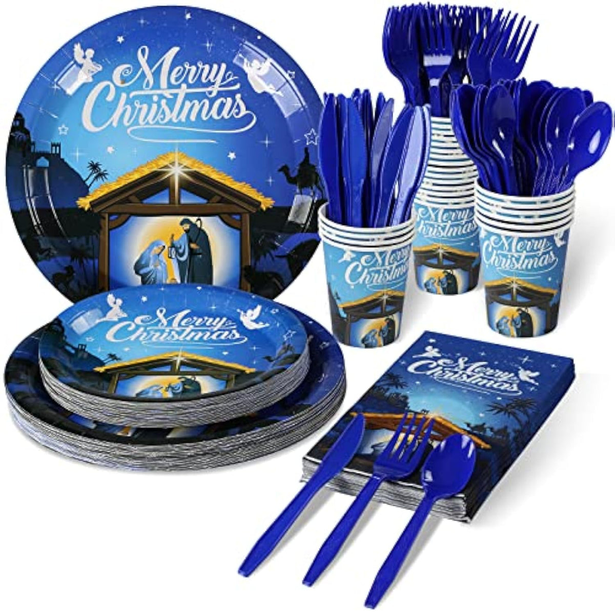 Christmas Nativity Party Supplies, Christmas Nativity Plates And Napkins Set, Disposable Jesus Holy Night Paper Plates Napkins Cups Knives Spoons Forks For Xmas Winter Holiday Party Decors, Serve 50