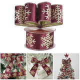 Burgundy And Gold Christmas Velvet Ribbon Wired 2.5 Inch Glitter Snowflake Wired Ribbon For Wreaths, Christmas Tree, Gift Wrapping, Garland, Holiday Crafts, Topper Bows, 10 Yards