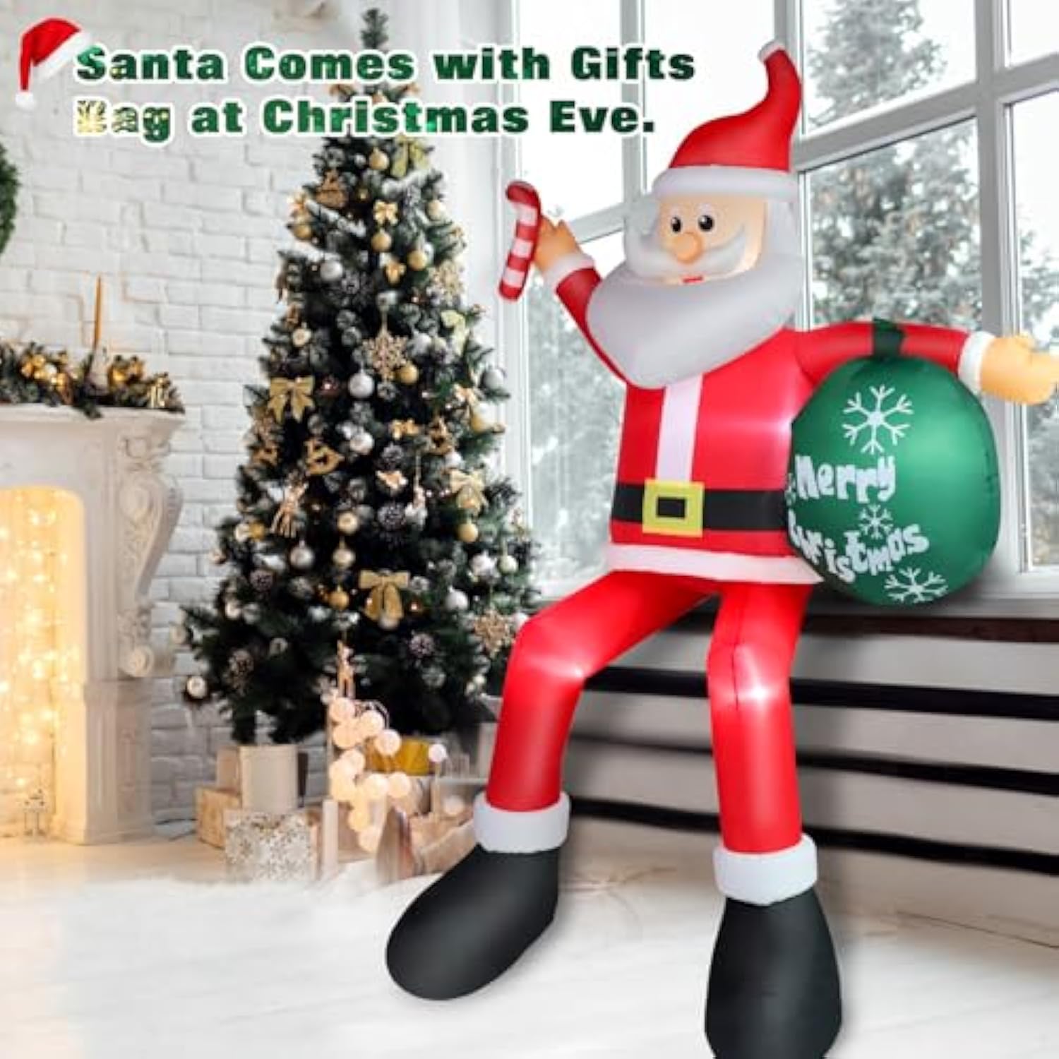 8 Ft Christmas Inflatable Santa Claus Outdoor Decorations, Blow Up Sitting Santa Claus With Gift Bag, Climbing Santa Car
