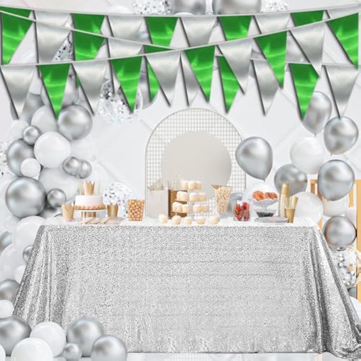 20M/65Ft Green Silver Triangle Pennant Banner Flag Metallic Fabric Bunting Garland For Christmas Graduation Wedding Engagement Anniversary Bachelorette Birthday Bridal Shower Hen Party Supplies