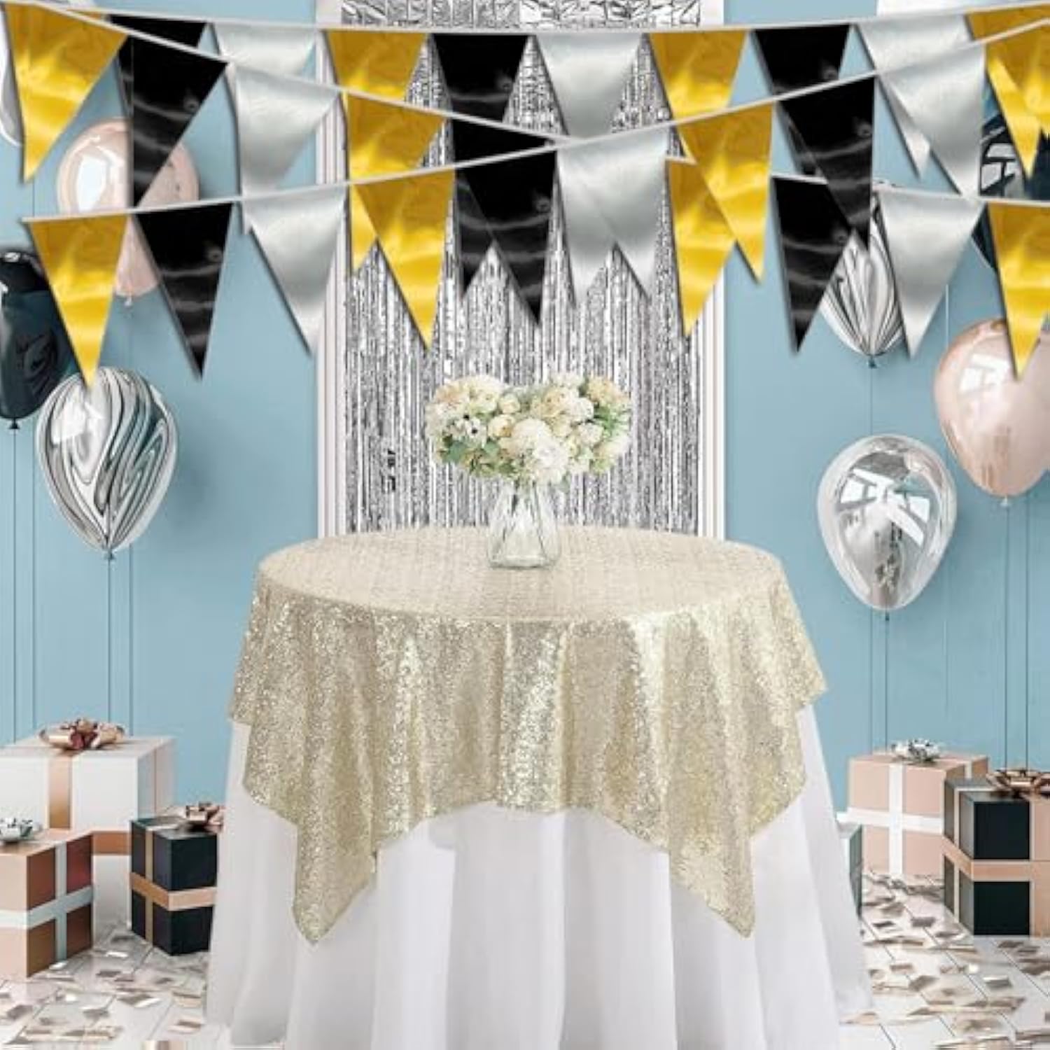 20M/65Ft Black Gold Silver Triangle Pennant Banner Flag Metallic Fabric Bunting Garland For Christmas Wall Hanging,Graduation Decorations, New Years Decorations,Father' Da