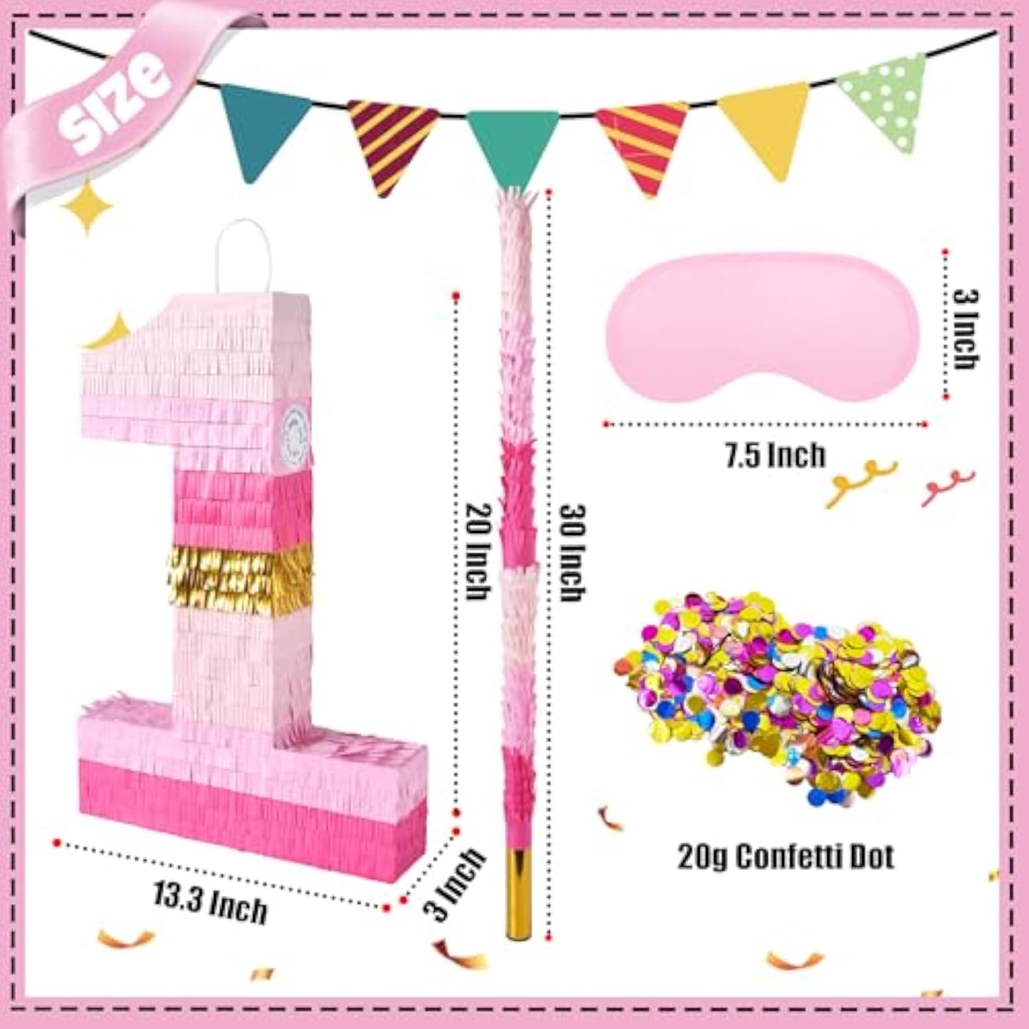 20 Inch Number 1 Piñata Pink Gold With 30 Inch Piñata Stick Blindfold Confetti For Boys Girls Adults Birthday Party Decorations, Anniversary Celebration, Fiesta