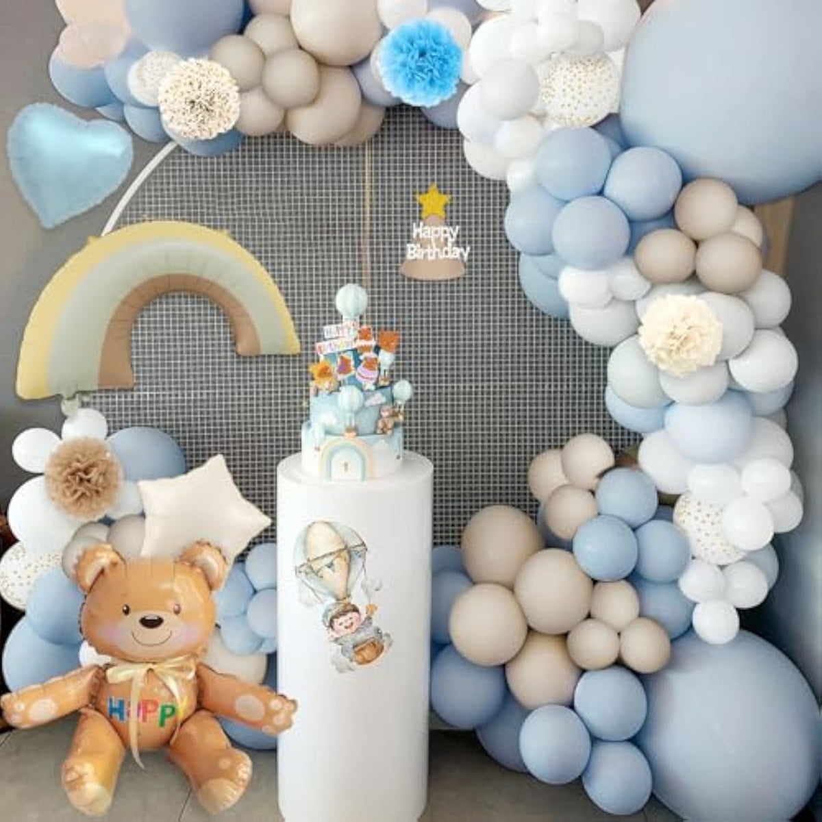 Dusty Blue Birthday Decorations, Teddy Bear Theme Sand White Grey Double Stuffed Blue Balloon Arch Garland Kit, Macaron Confetti Blue Balloons Birthday Party Decorations Supply Boho Decor For Boys