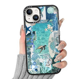 Summer Cute Clear Blue Ocean Phone Case for iPhone 14 / iPhone 13 Case 6.1", Aesthetic Colorful Turtle Sea Shell Pattern Design Girls Women Black