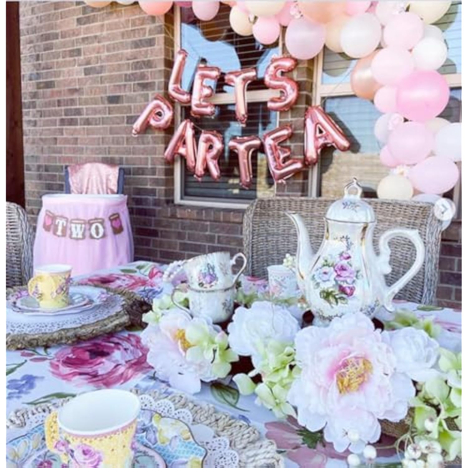 Let's Par-Tea Balloons & Tea Party Banner, Floral Garland for Birthday/Shower