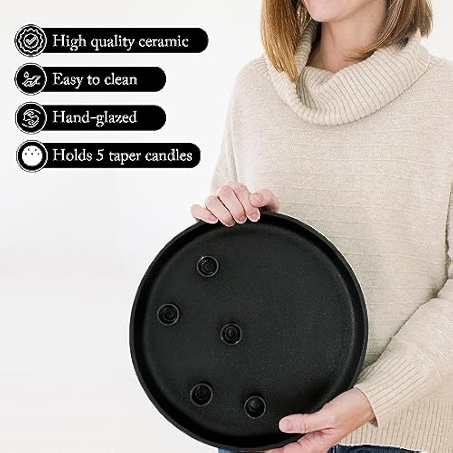 Black Candlestick Holders - Large Ceramic Black Taper Candle Holder W/ 12” Round Base & 5 Holders, Advent Wreath, Christmas, Fall & Halloween Decor Candle Holders