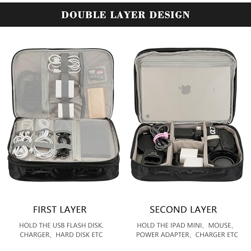 Electronics Accessories Organizer Bag, Waterproof Double Layertravel Cable Organizer Case For Cords, Charger, Power Bank,Hard Drive, Mouse -Shockproof Tech Storage Pouch (Classic-Two Layers-Black)