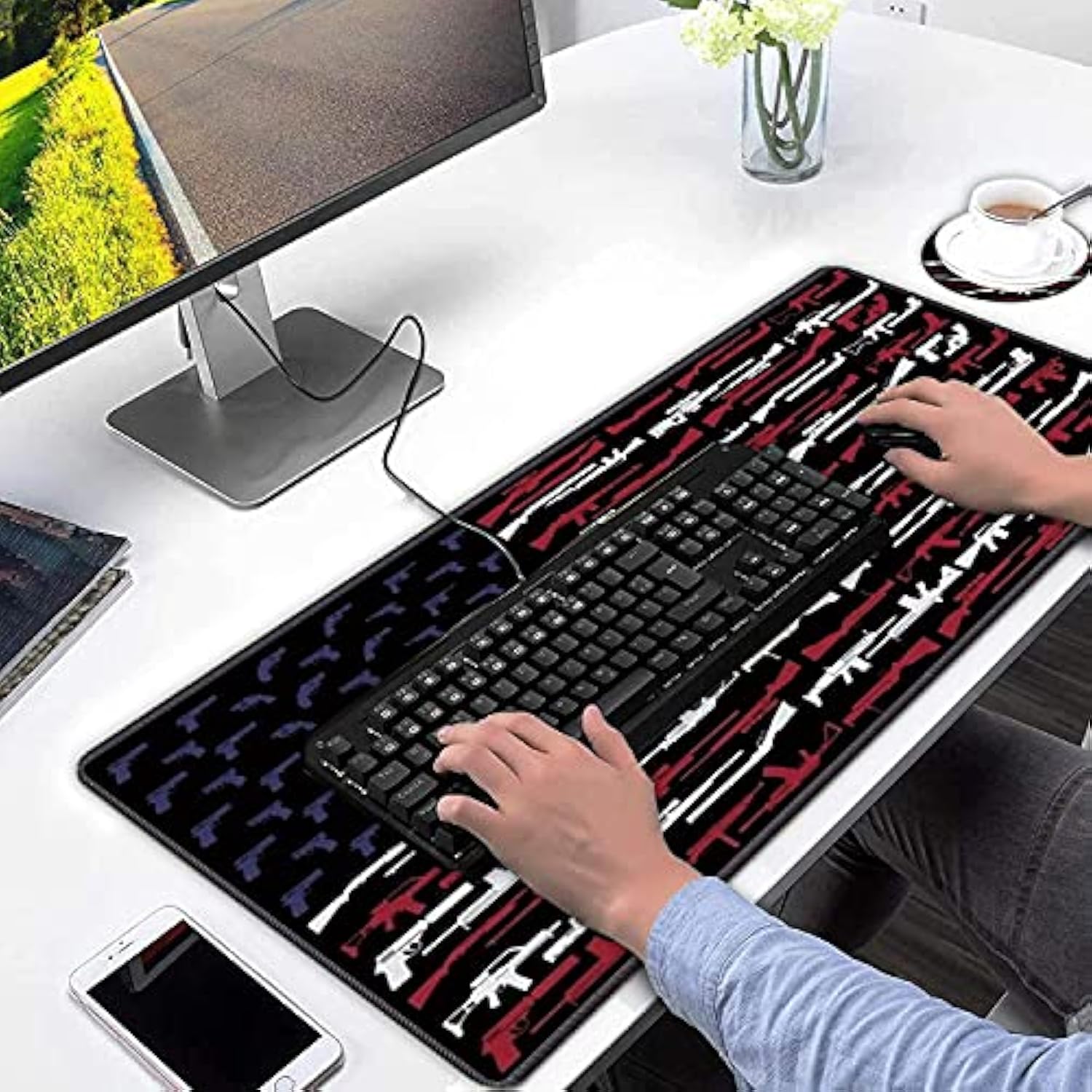 Xxl Large Gaming Mouse Pad, Ergonomic Larger Extended Gaming Mouse Pad Non-Slip Rubber Base For Work Gaming Office Home Computer + Cup Coaster, American Gun Flag Usa
