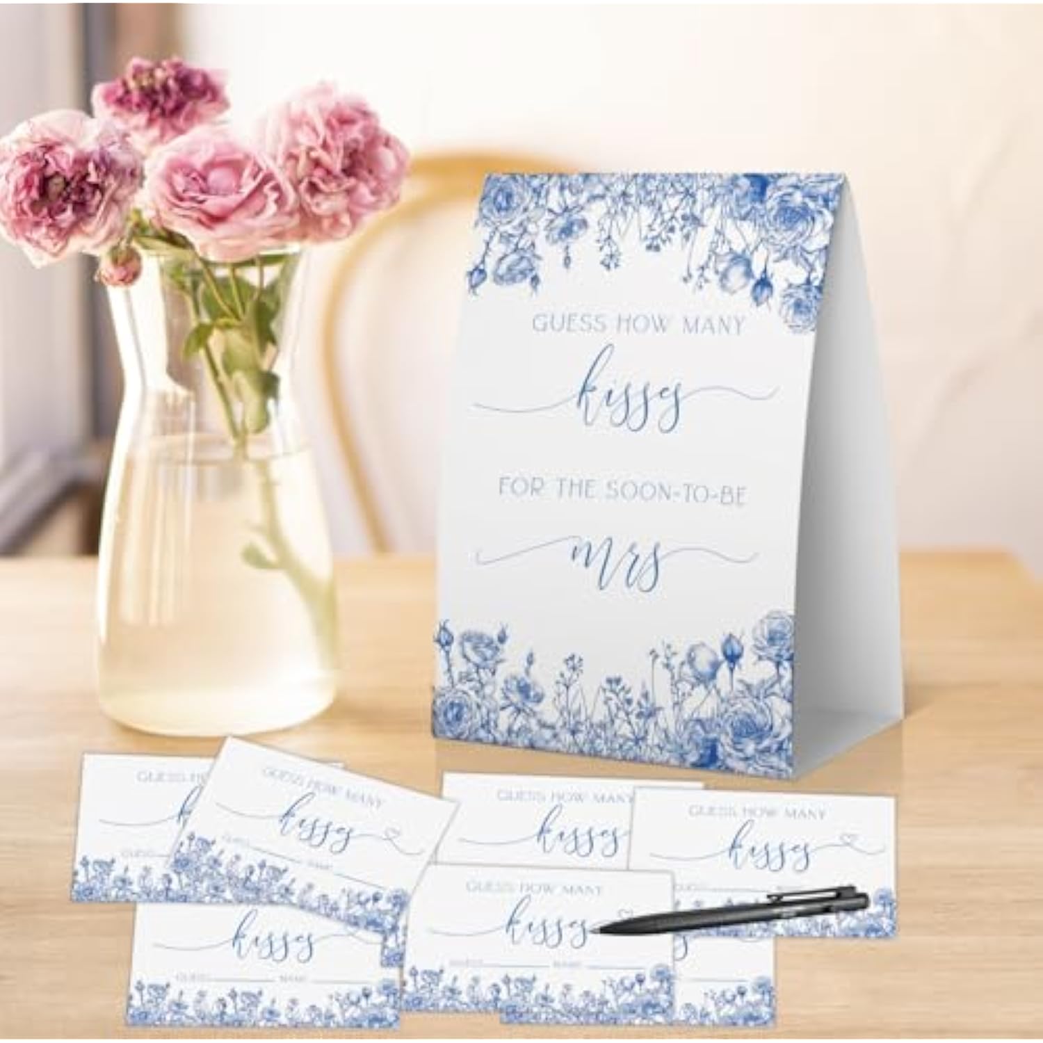 How Many Kisses Bridal Shower Game (1 Sign + 50 Cards), Blue Floral Bridal Shower Games, Something Blue Before I Do Decorations, Bachelorette Guessing Game, Kisses In The Jar Sign -Ghmk07