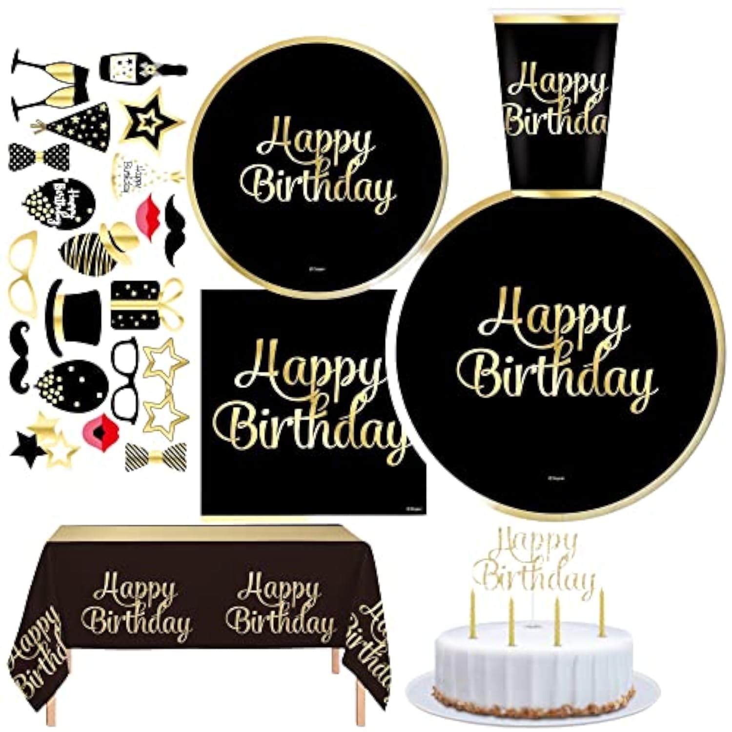 30 Guest Black And Gold Happy Birthday Gold Foil Include Complete Party Pack 9" Dinner Paper Plates 7" Dessert Paper Plates 12 Oz Cups 3 Ply Napkins Party Supplies