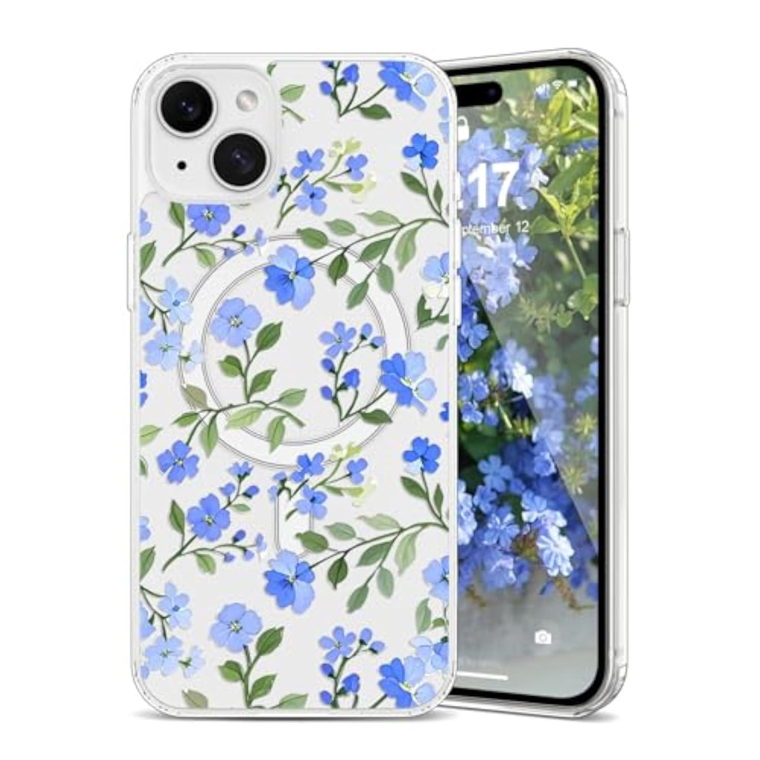 Magnetic Clear Case for iPhone 15, Pretty Blue Flower Design