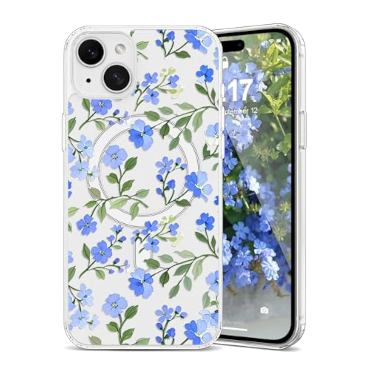 Magnetic Clear Case for iPhone 15, Pretty Blue Flower Design