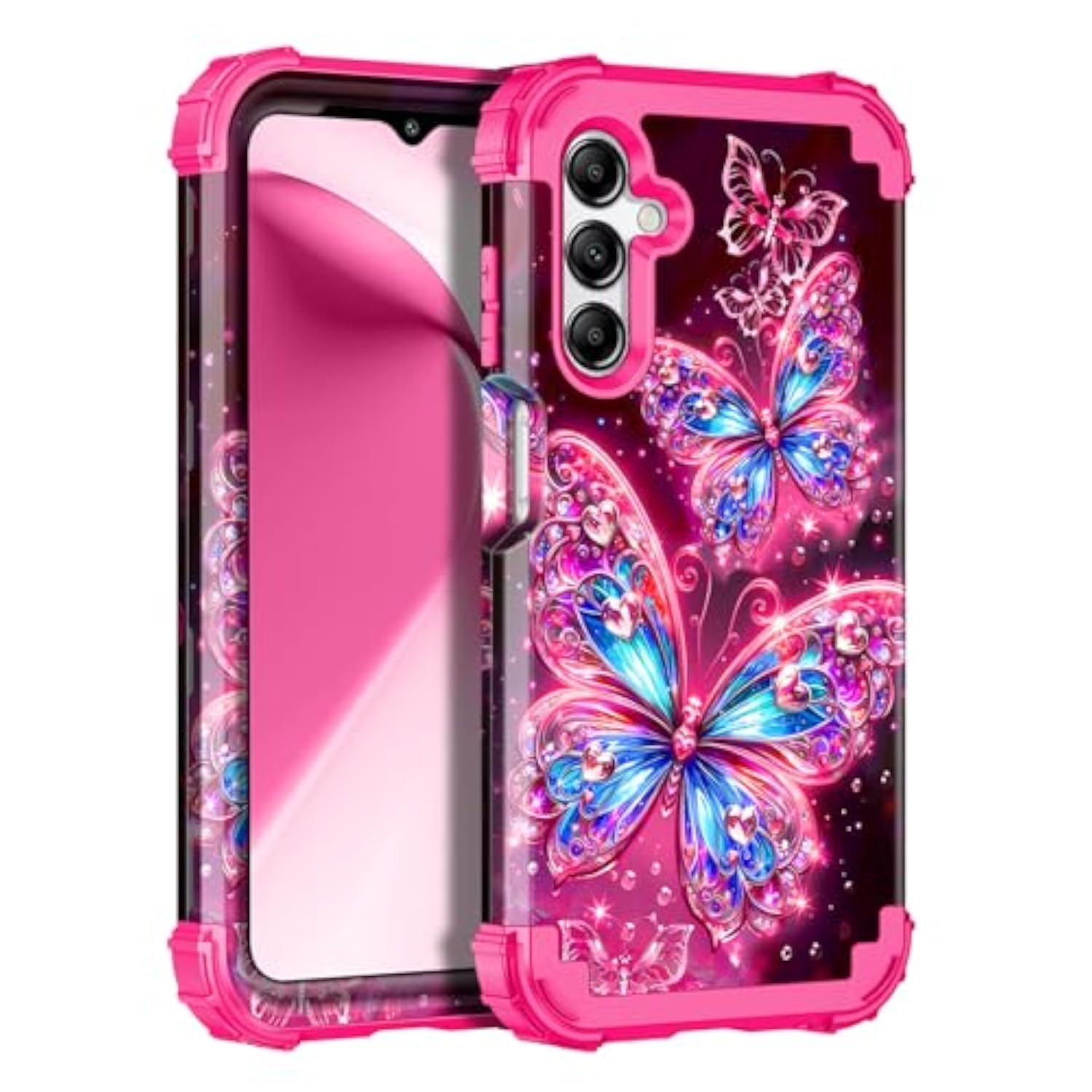 Compatible With Galaxy A16 5G Case,Glow In The Dark Three Layer Heavy Duty Sturdy Shockproof Full Body Protection Rugged Hard Pc+Soft Tpu Bumper Case For Samsung Galaxy A16,All Butterfly