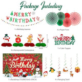 Christmas Birthday Decorations, Red And Green Merry Birthday Banner Paper Fans Hanging Swirls Centerpieces Cake Topper Kit, Christmas Xmas Bday Photo Backdrop Background Party Supplies