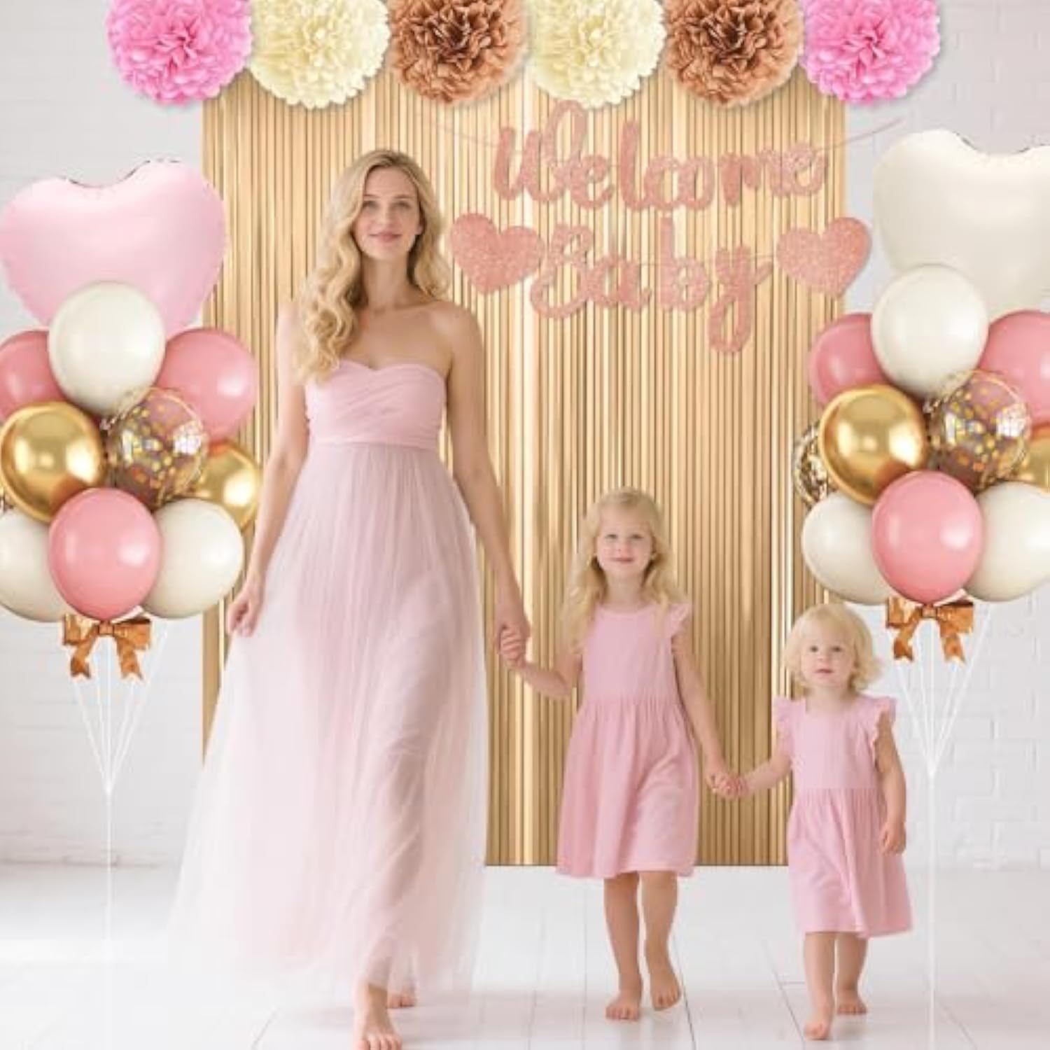 Dusty Blue Baby Shower Decorations For Boy,Welcome Baby Banner With Sand White Champagne Gold Balloons Fringe Curtains Paper Pom Poms Flowers Tassels For Boho Baby Shower Gender Reveal Party Supplies