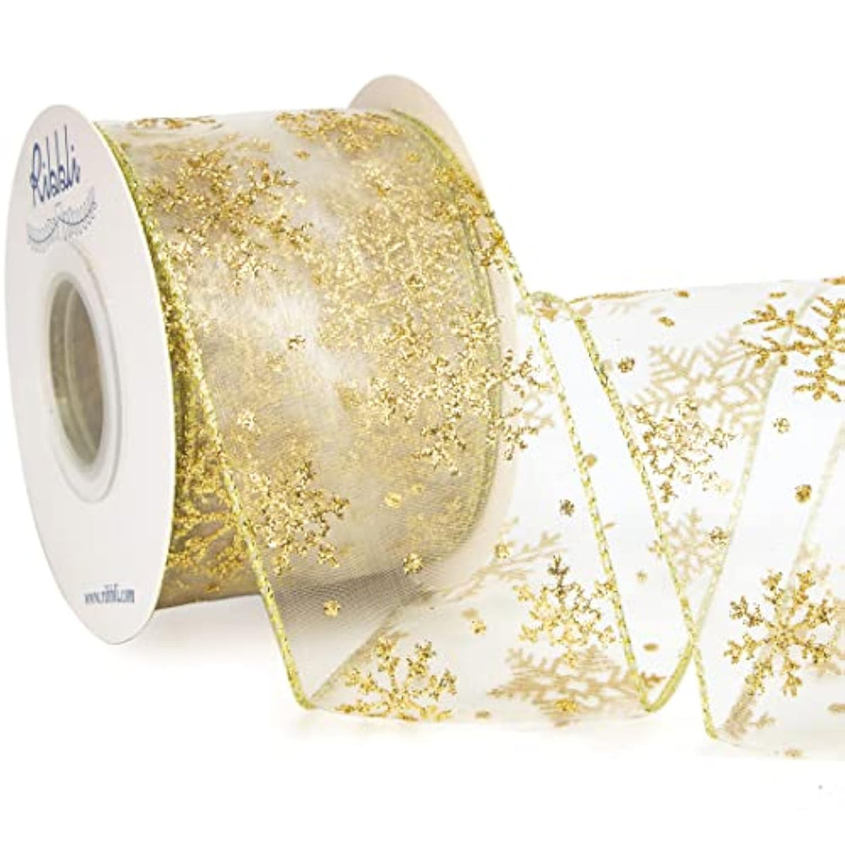 Snowflake Glitter Wired Ribbon, Ivory Organza Sheer Ribbon With Gold G