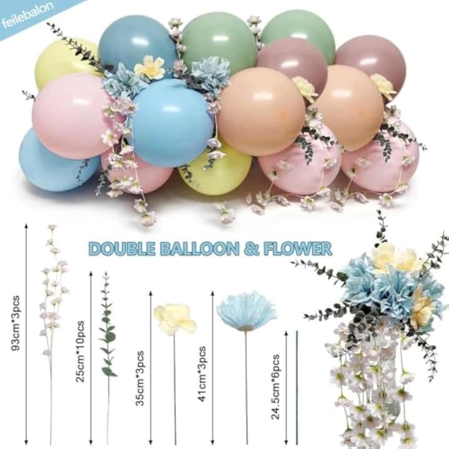 Pink Blue Green Balloon Arch Kit With Artificial Flowers, Double Stuffed Light Baby Yellow Pink Blue Green Pastel Floral Balloon Garland For Baby Shower Wedding Birthday Easter Fairy Tea Party Decor