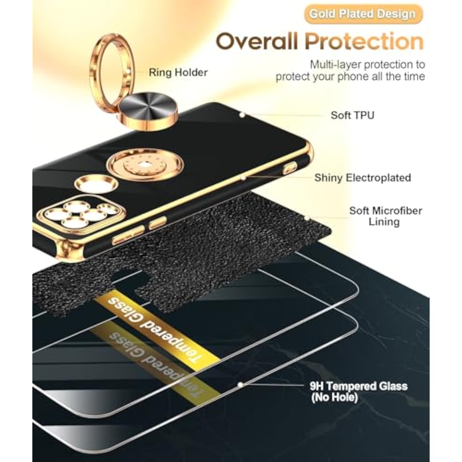 For Moto G Stylus 5G 2021 Case: With Tempered Glass Screen Protector [2 Pack] 360° Rotatable Ring Holder Magnetic Kickstand, Plating Rose Gold Edge Motorola G Stylus 5G 2021 Case, Black