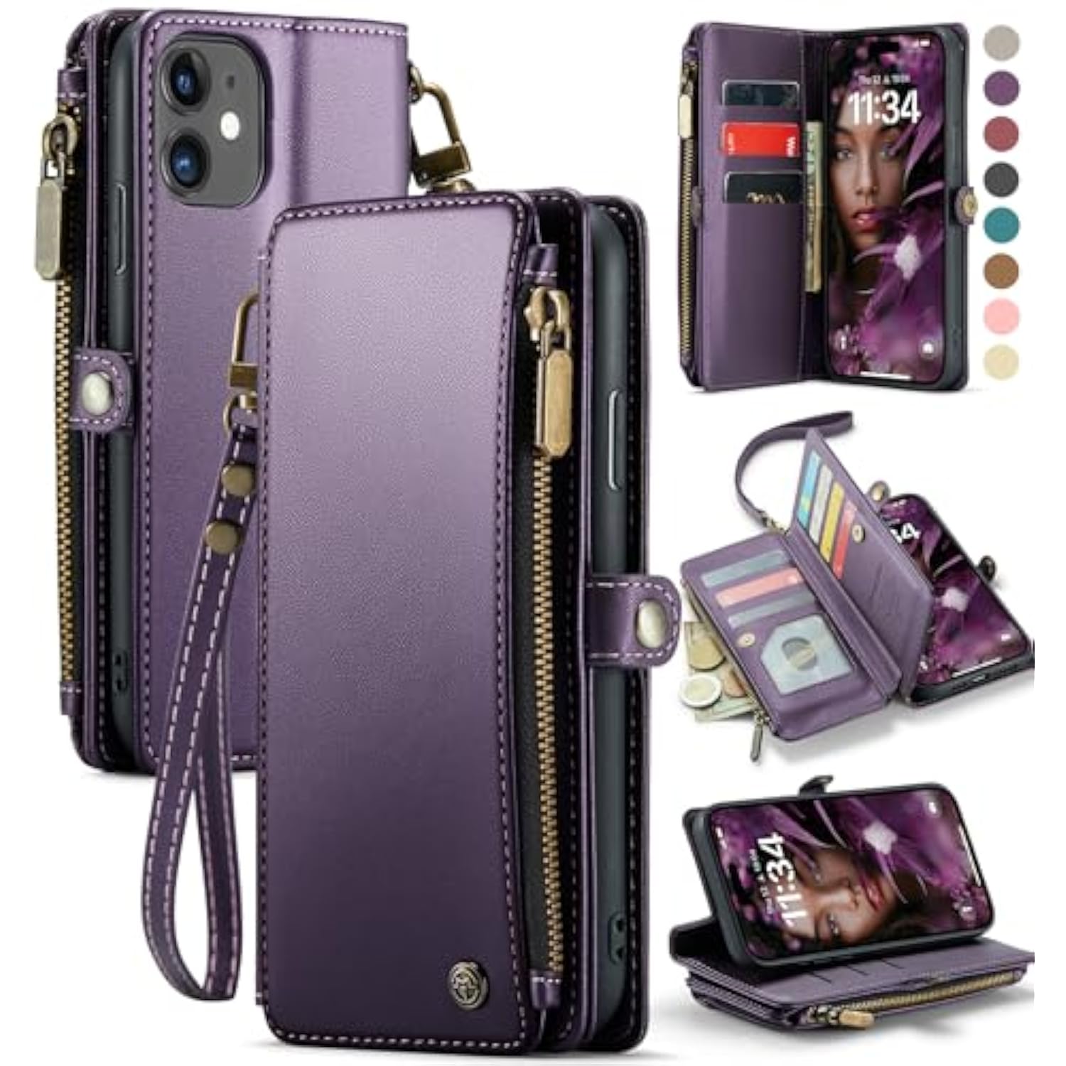Compatible With Iphone 11 Case Wallet With Rfid Blocking Card Holder For Women And Men, Fashion Pu Leather Magnetic Snap Flip Zipper Strap Wallet Phone Case Fit For Iphone 11 6.1", Purple