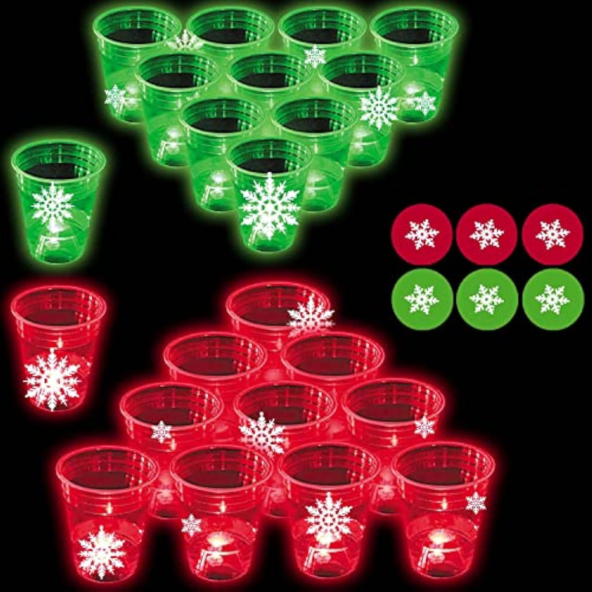 Yhfuisk 22Pcs Christmas Glowing Pong Set Party Game Light Up Pong Cups For Christmas Party With 6 Snowflake Balls, 20 Decoration Plastic Snowflakes, Red&Green1