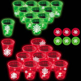 Yhfuisk 22Pcs Christmas Glowing Pong Set Party Game Light Up Pong Cups For Christmas Party With 6 Snowflake Balls, 20 Decoration Plastic Snowflakes, Red&Green1