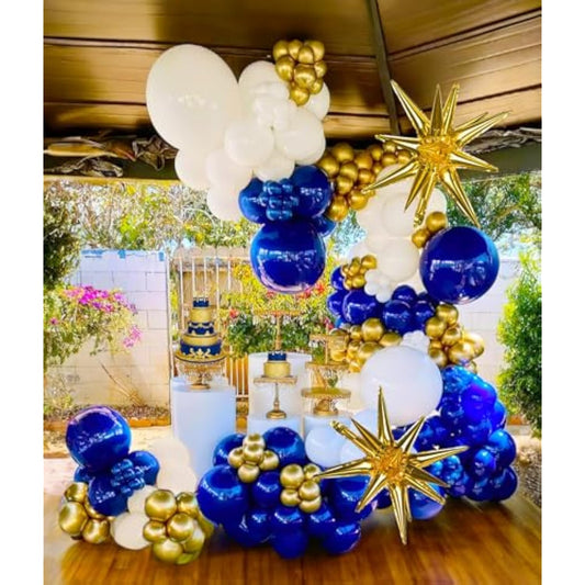 Royal Blue And Gold Balloon Garland Arch Kit 156Pcs Blue Gold White Star Balloons For Wedding Prince Baby Shower For Boy Men Birthday Graduations Class Of 2025 Prom Decorations Ceremony Supplies