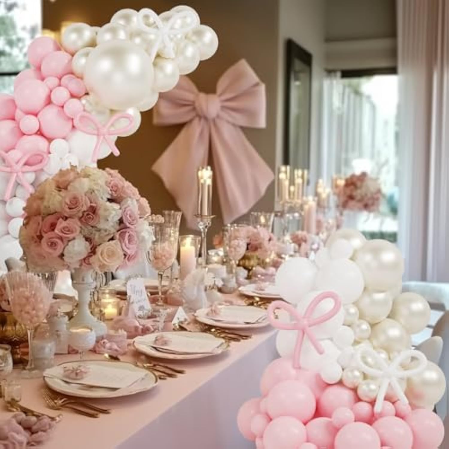 Coquette Birthday Decorations, 149 Pcs Pink And Pearl White Balloon Garland Arch Kit And Pink Bow For Girls Baby Shower Bridal Bachelorette Party Baby Shower