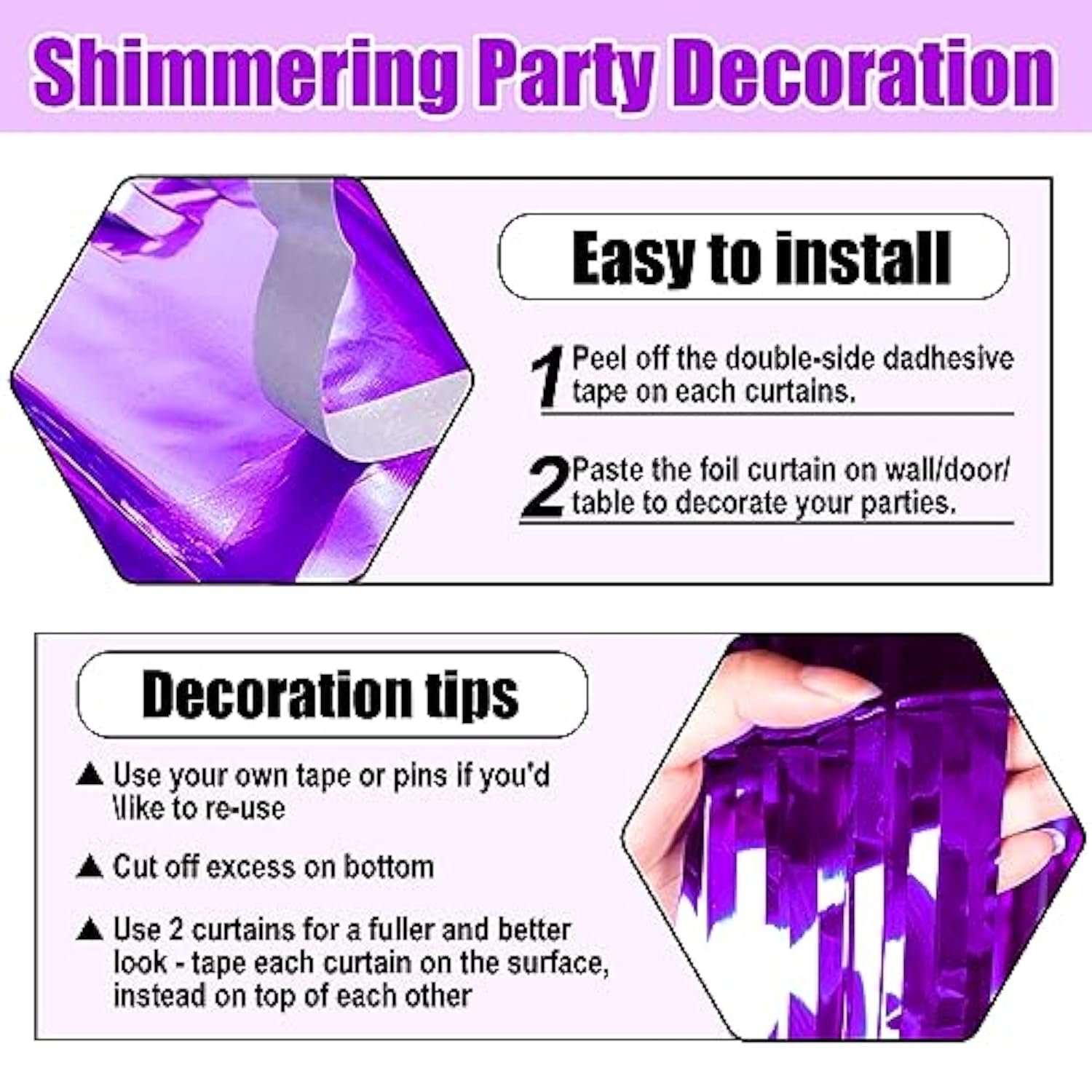 3-Pack Purple Foil Fringe Curtains 3.28x6.6 ft for Party and Photo Booth Decor