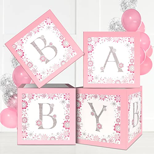 4 Pcs Baby Boxes with Letters for Baby Shower, Winter Wonderland Blocks Decorations Snowflake Decorations for Girl Boy Party Supplies(Pink)