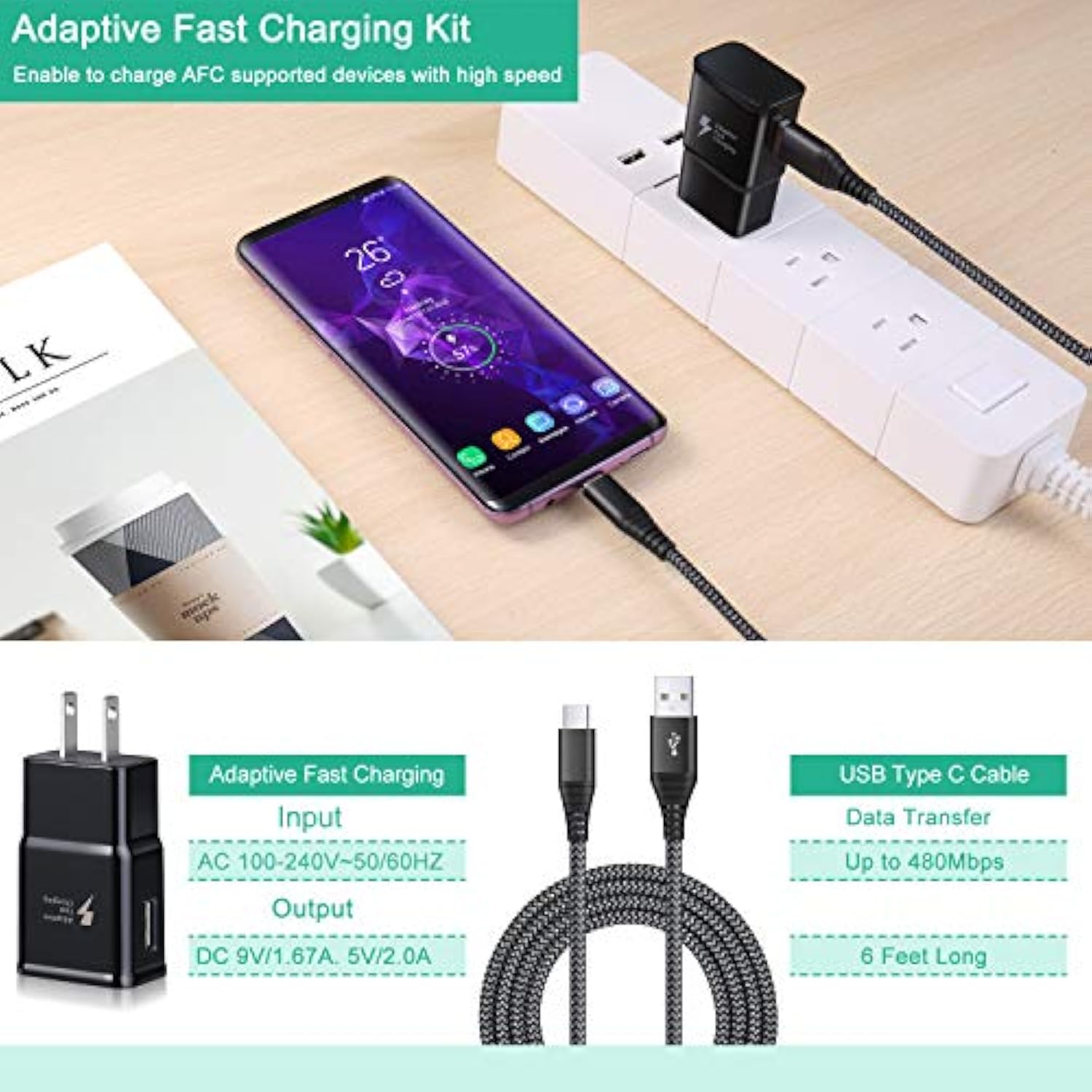 Adaptive Fast Charging Usb Wall Charger Kit, 2-Pack Fast Charging Block Android Phone Charger With 6Ft Usb Type C Cable For Samsung Galaxy S21/S20/S10+/S10E,Note 10+/20, A14/A53/A05/A16 5G
