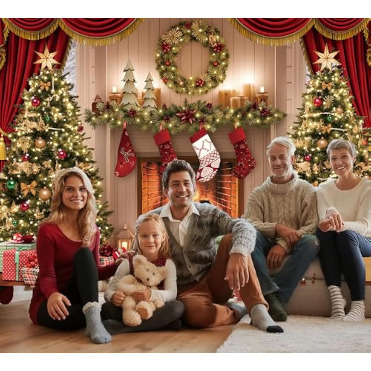 Christmas Photography Backdrop 6x4ft Tree & Fireplace Party Banner