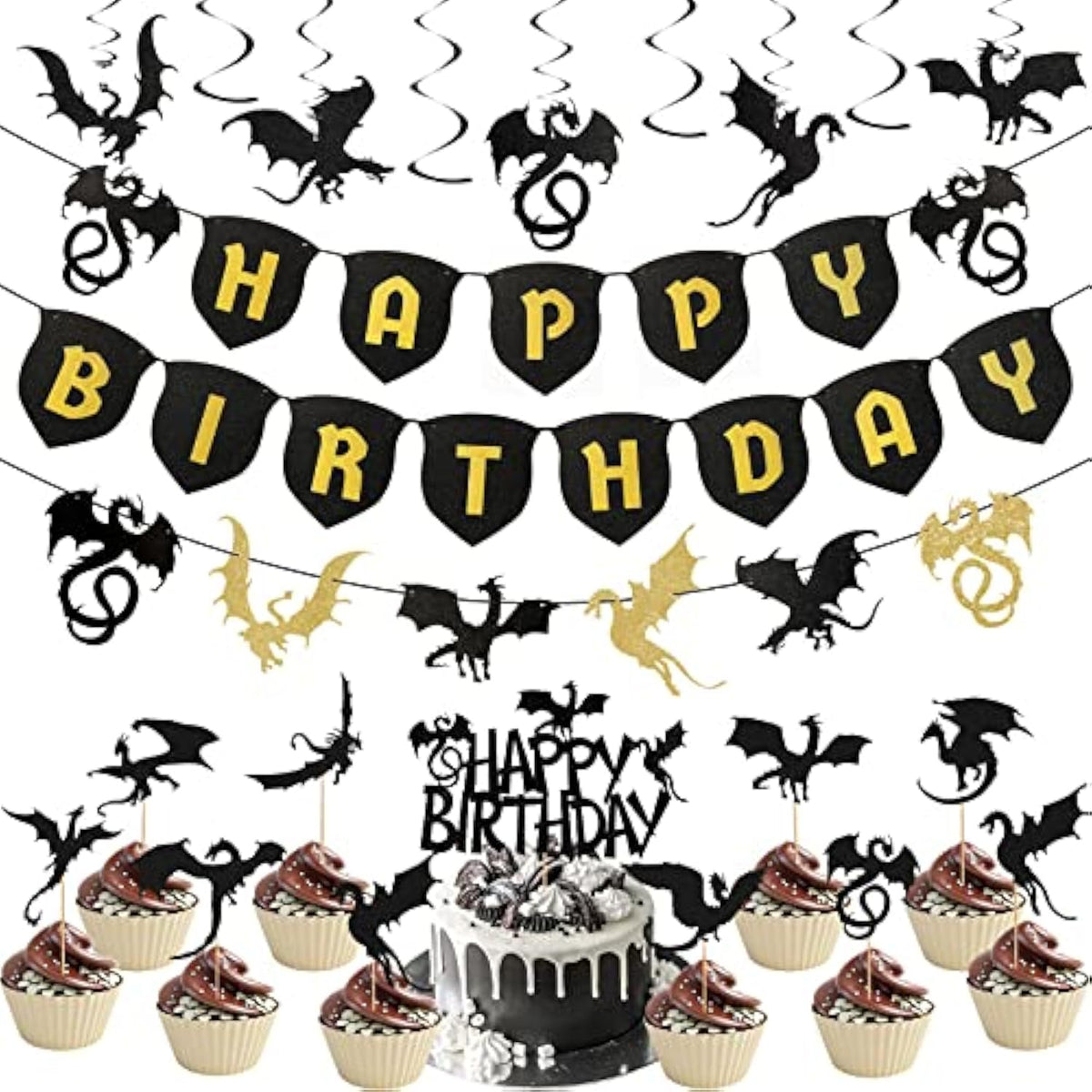 44 Pieces Dragon Party Supplies Dragon Theme Cake Decoration Happy Birthday Hanging Banner Swirls Cupcake Toppers Set For Birthday Party Supplies