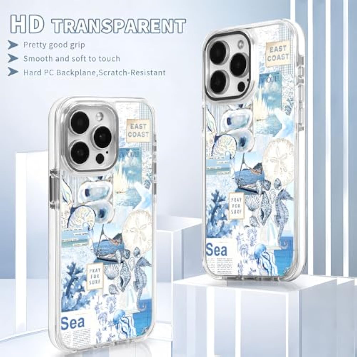 Cases For Iphone 15,Compatible With Magsafe,Classic Clear Shockproof Protection Magnetic Phone Case - Seashell Ocean Blue Retro Collage