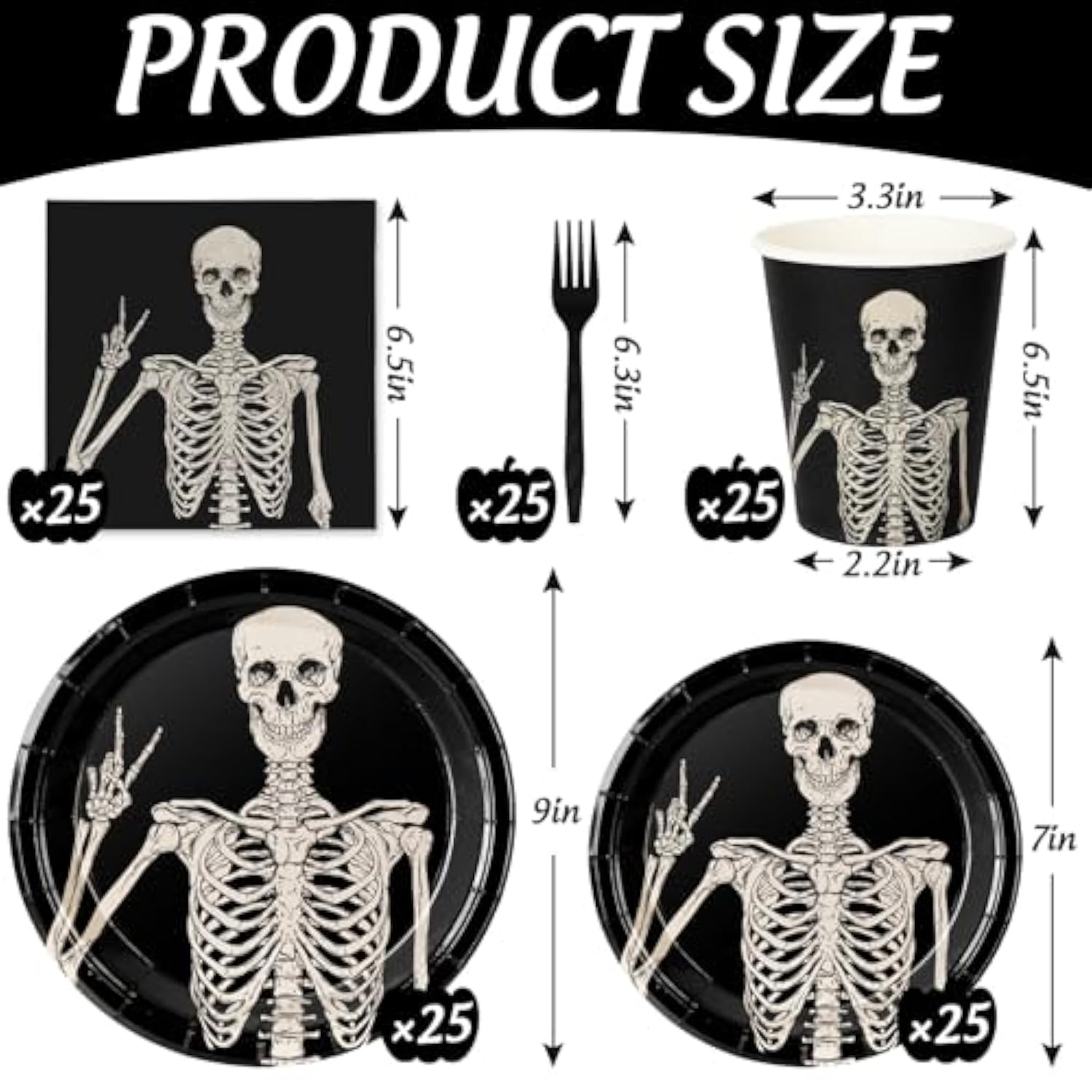 Halloween Tableware Set Smiling Skeleton Disposable Plates Napkins Cups Cutlery for 25 Guests