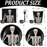 Halloween Tableware Set Smiling Skeleton Disposable Plates Napkins Cups Cutlery for 25 Guests