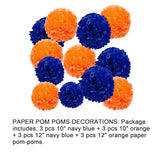 Orange and Blue Tissue Paper Pom Poms Decorations, 12", 10", Paper Flowers for Party Ceiling Hanging Decor - 12 Pcs