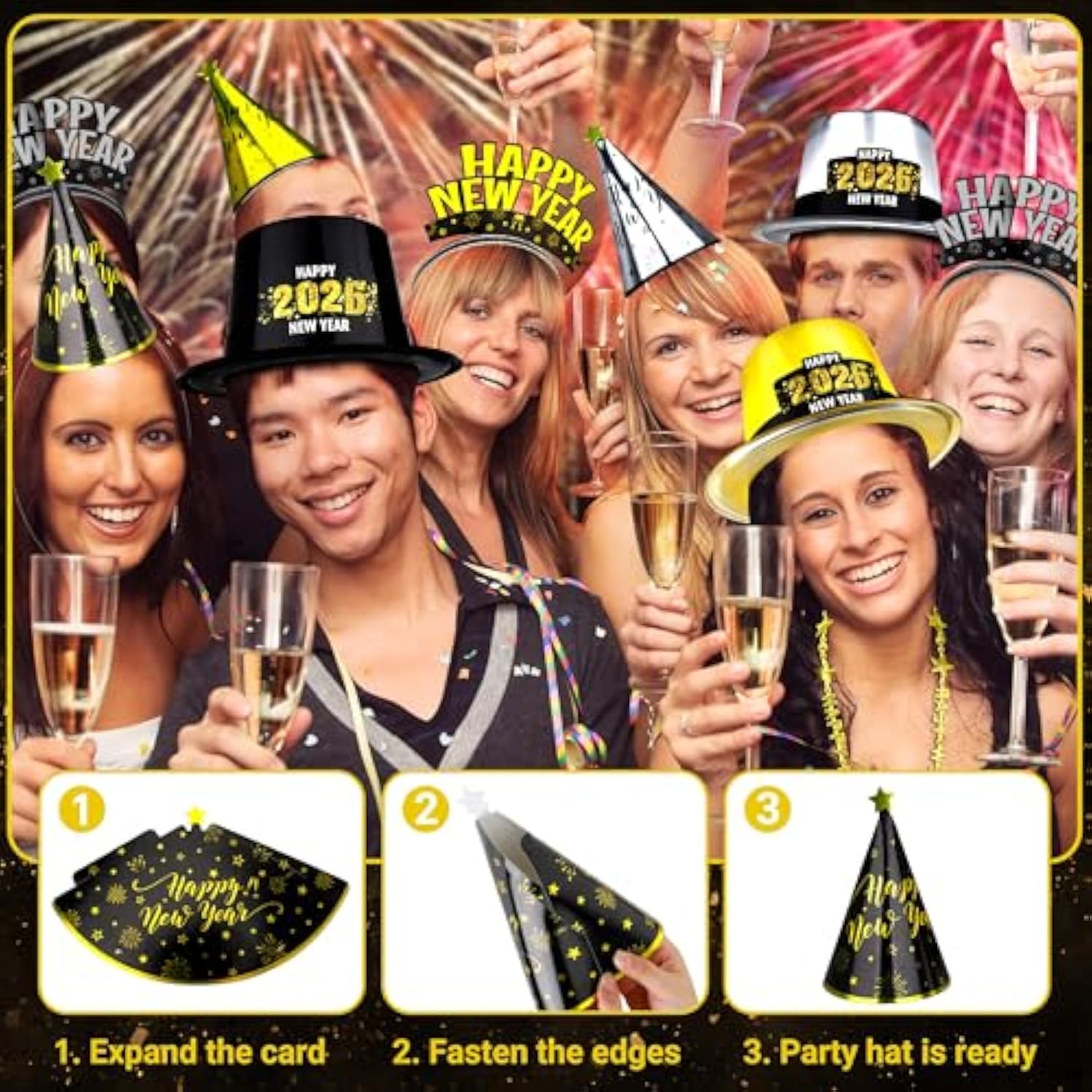 100 Pcs 2026 New Year Party Supplies for 50 People with Hats, Horns, and Headbands