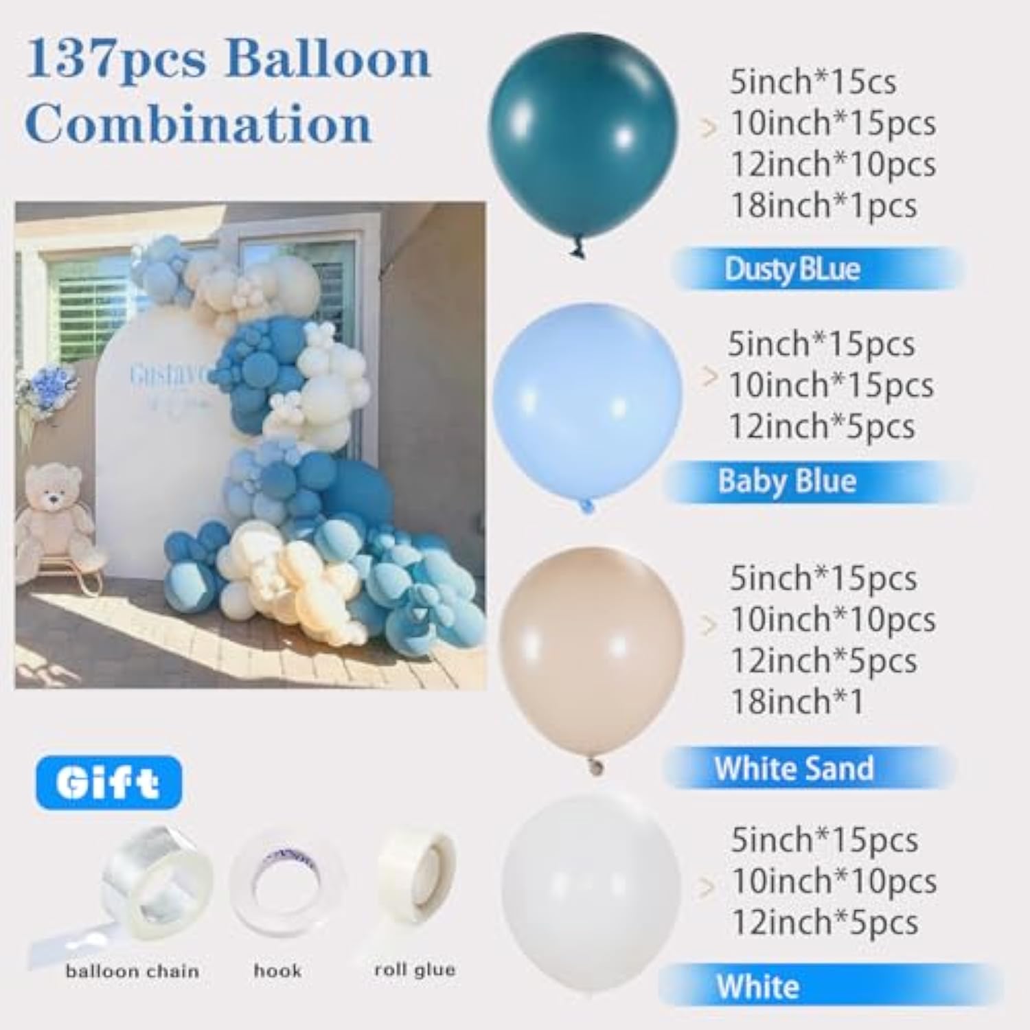 137PCS Dusty Blue Balloon Garland Kit for Baby Shower, Wedding, and Birthday Decor