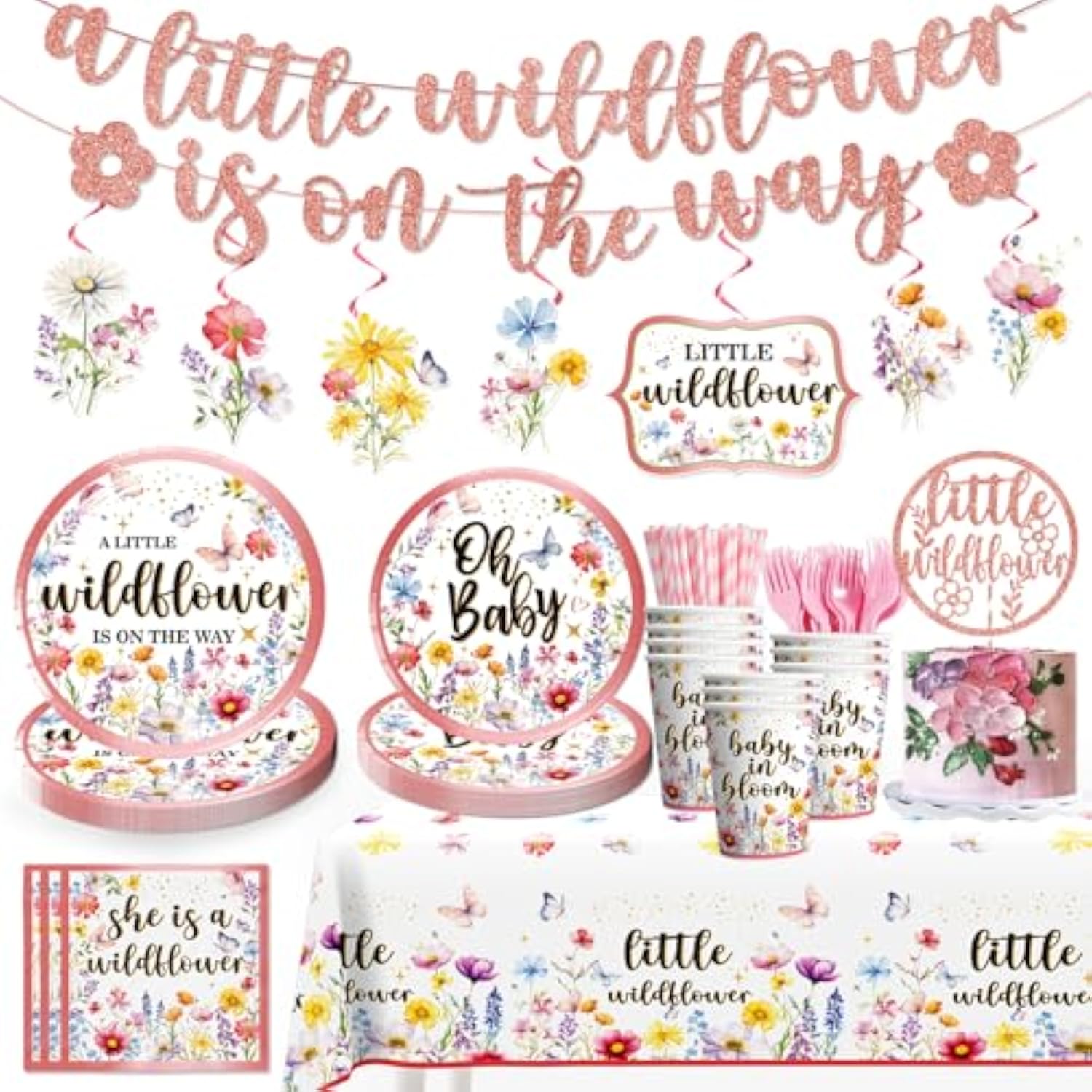 161pcs Wildflower Baby Shower Set – Tableware, Banner & Decor for 25 Guests