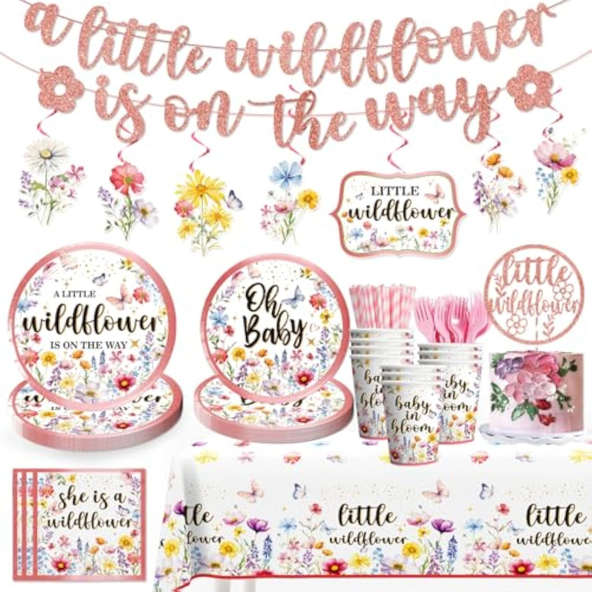 161pcs Wildflower Baby Shower Set – Tableware, Banner & Decor for 25 Guests