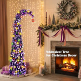 Whimsical Christmas Tree With Ball String Lights 5Ft Pop Up Curved Tree With 15 Ball Lights & Hanging Ornaments Collapsible Tinsel Tree For Apartment Porch Home Xmas Decorations,Purple