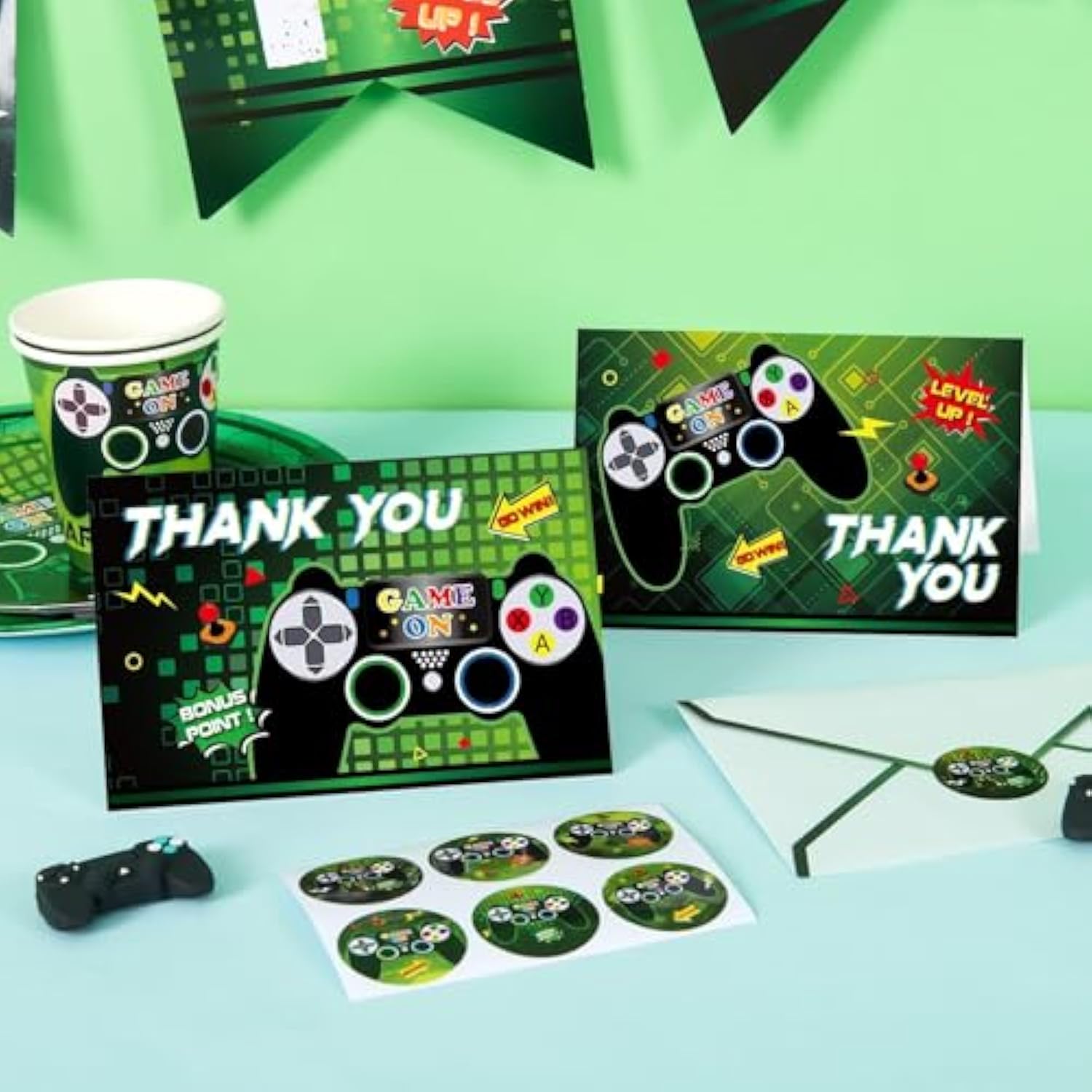 Video Game Thank You Cards - 24 Pcs Game Thank You Cards With Envelopes Stickers For Gamer Birthday Party Decorations Fill In Blank Notes For Kids Boys Birthday Baby Shower 4'' X 6''