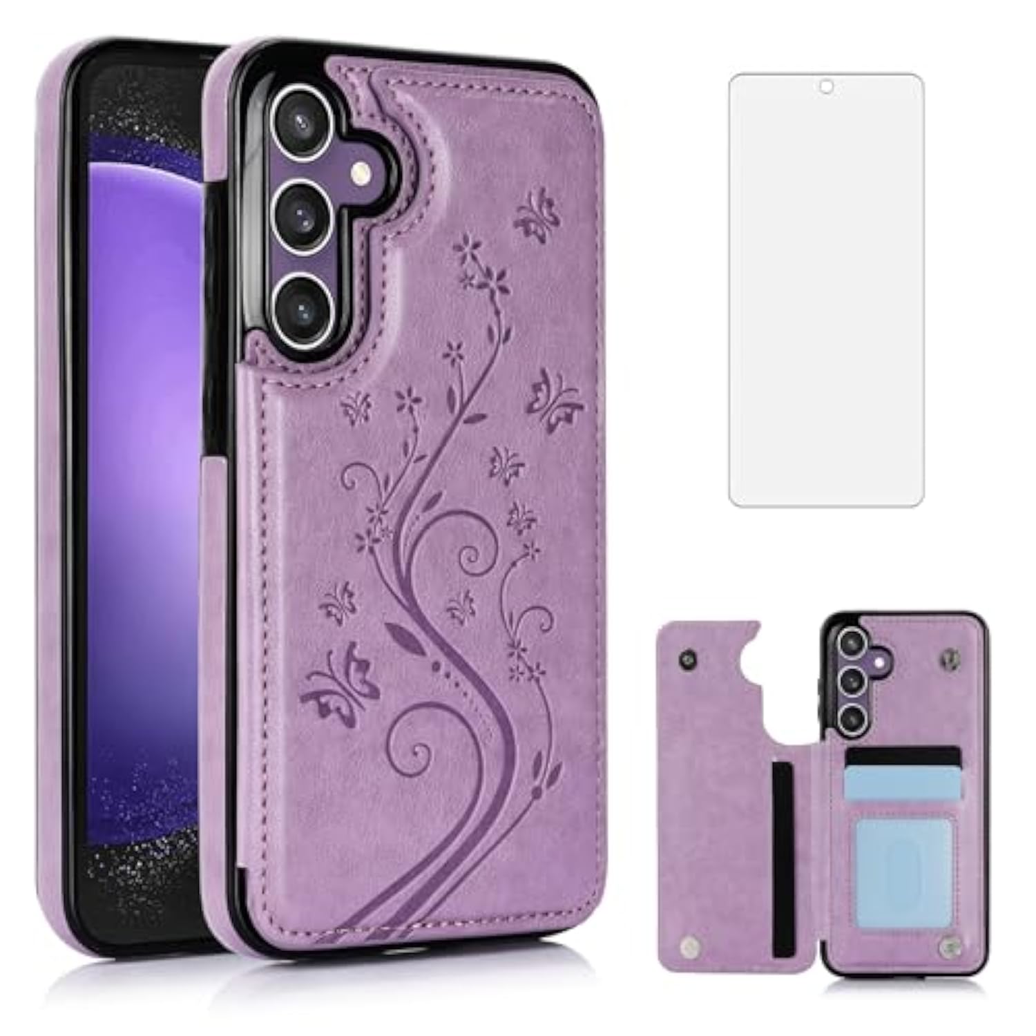Phone Case For Samsung Galaxy S23 Fe 5G With Tempered Glass Screen Protector And Card Holder Wallet Cover Stand Flip Leather Cell Accessories S 23 Fe S23Fe5G S23Fe 23S G5 Women Purple