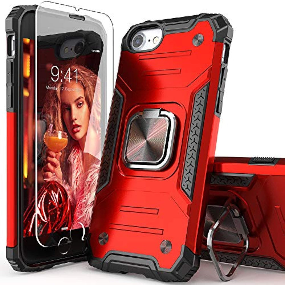 For Se 2020 Case With Screen Protector,Shockproof Drop Test Cover With Car Mount Kickstand Lightweight Protective Case For 6/6S/7/8/Se 2020/Se 3/2022, Red
