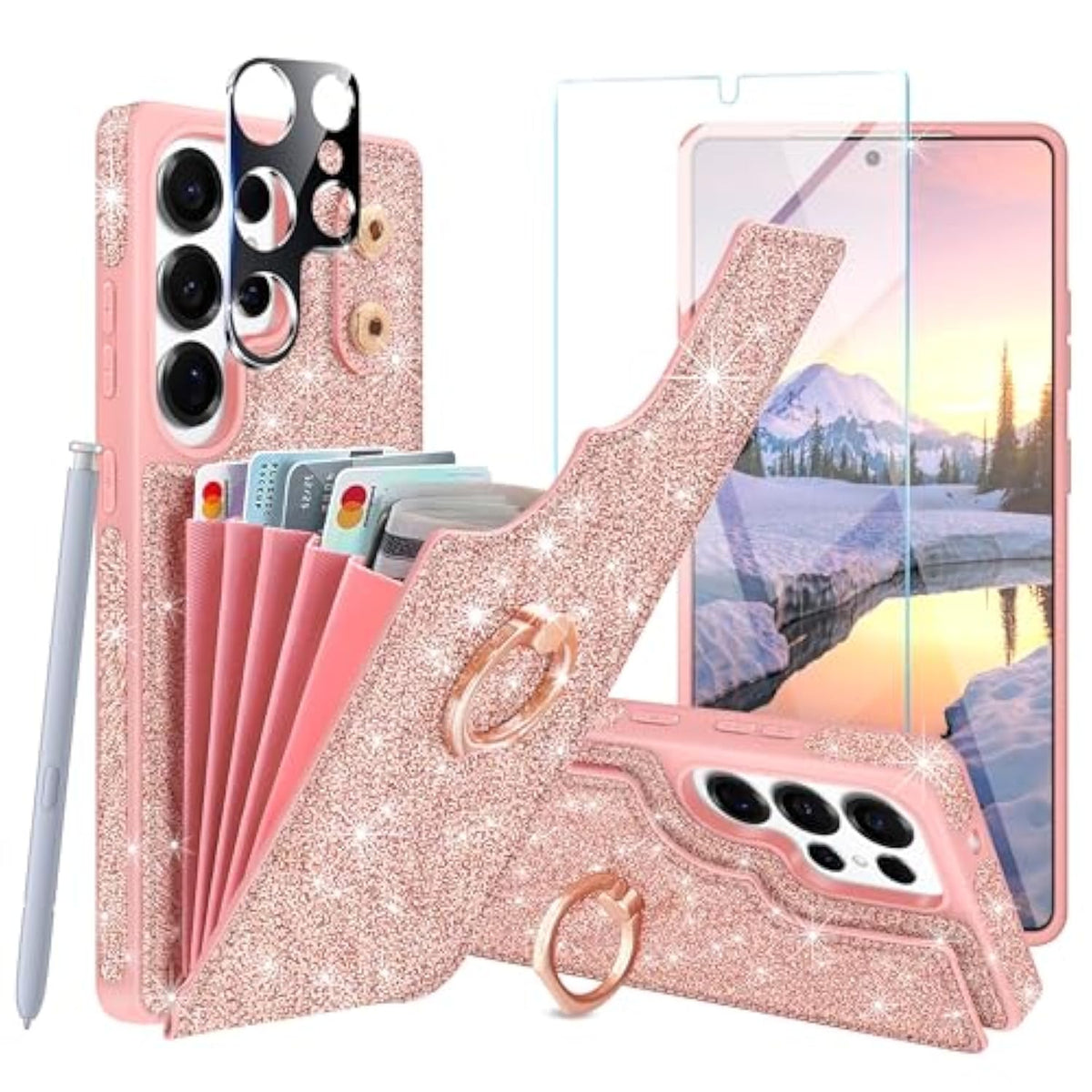 Rose gold glitter Galaxy S25 Ultra wallet case with 5 card slots, ring stand & protectors.