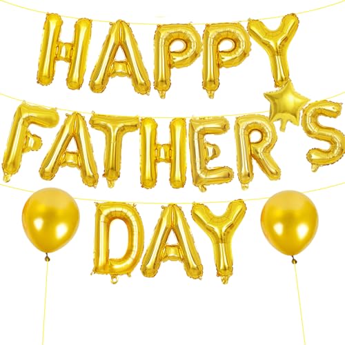 16 Inches HAPPY FATHER'S DAY Letter Balloon Banner with Star and Latex Balloons - Mylar Foil Alphabet Balloons Sign for Father's Day Dad Party Decorations, Family Gathering Supplies (Gold)