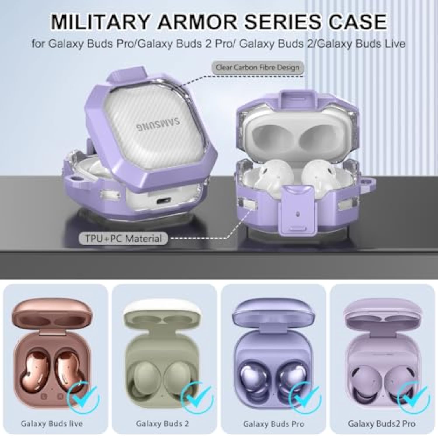 Safety Lock Case For Samsung Galaxy Buds 2 Pro/Galaxy Buds Pro/Galaxy Buds 2/Galaxy Buds Live, Carbon Fiber Clear Cover For Galaxy Buds Fe For Women With Keychain & Cleaner Kit (Purple)