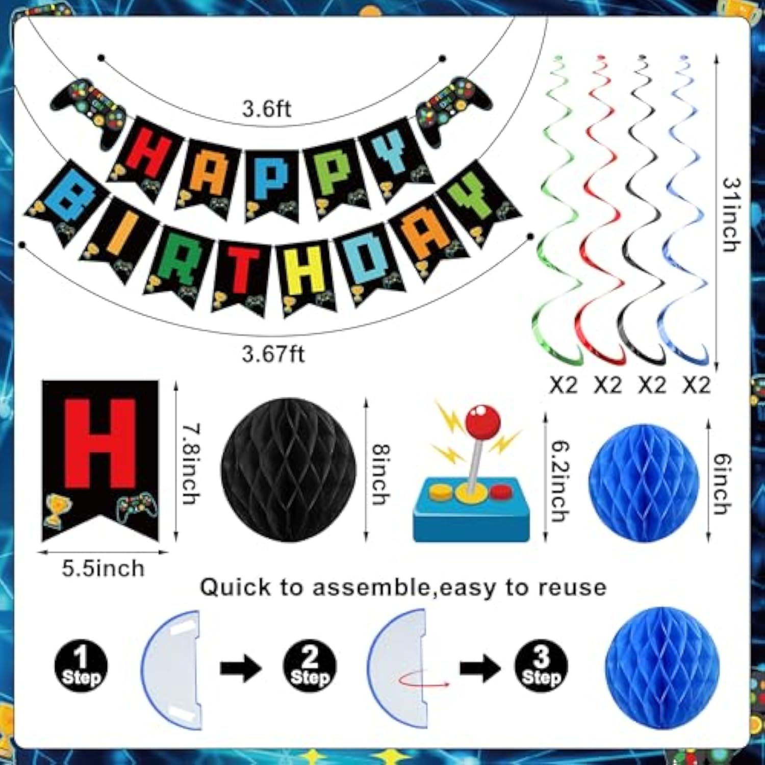 Video Game Birthday Decorations Game Theme Party Decorations Kit Includes Happy Birthday Gaming Banner Hanging Swirls Honeycomb Balls For Gaming Theme Birthdays Party