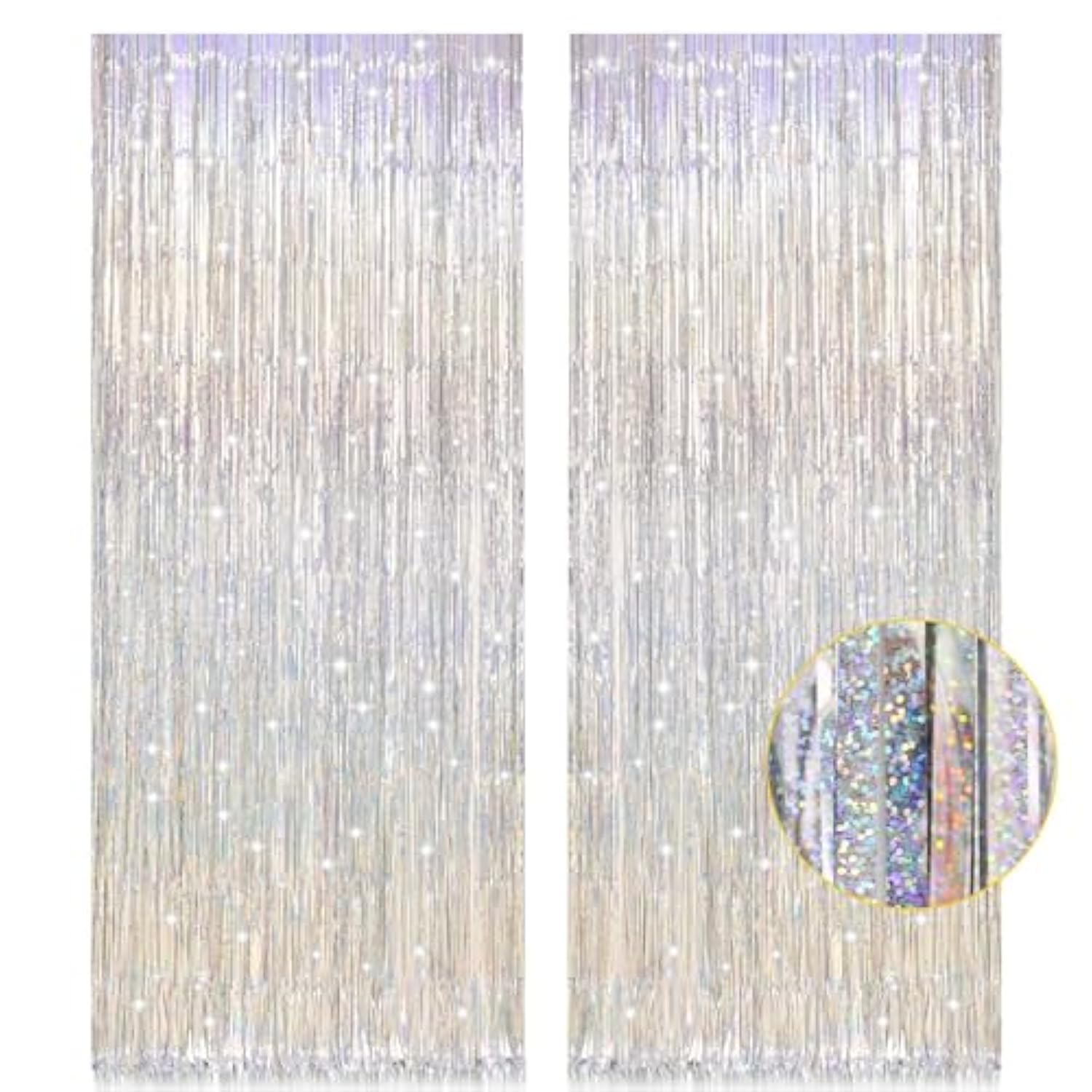 2 Pack Silver Metallic Tinsel Fringe Curtains 3.2x8.2ft Party Backdrop