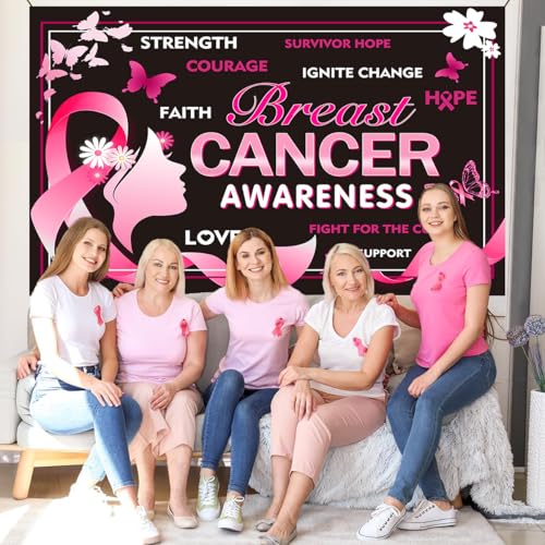 Breast Cancer Awareness Backdrop 8x6FT Pink Ribbon Butterfly Hope Banner